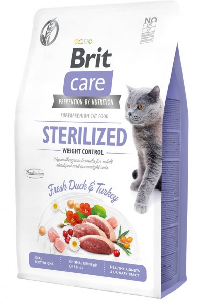 Brit Care Sterilized Weight Control Tahılsız Hipoalerjenik Taze Ördek ve Hindi Etli Kısırlaştırılmış Kedi Maması 2 Kg