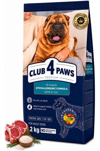 CLUB 4 PAWS PREMIUM HİPOALERJENİK KUZU ETLİ VE PİRİNÇLİ YETİŞKİN KÖPEK KURU MAMASI 2 KG