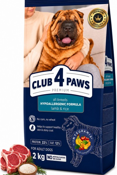 CLUB 4 PAWS PREMIUM HİPOALERJENİK KUZU ETLİ VE PİRİNÇLİ YETİŞKİN KÖPEK KURU MAMASI 2 KG